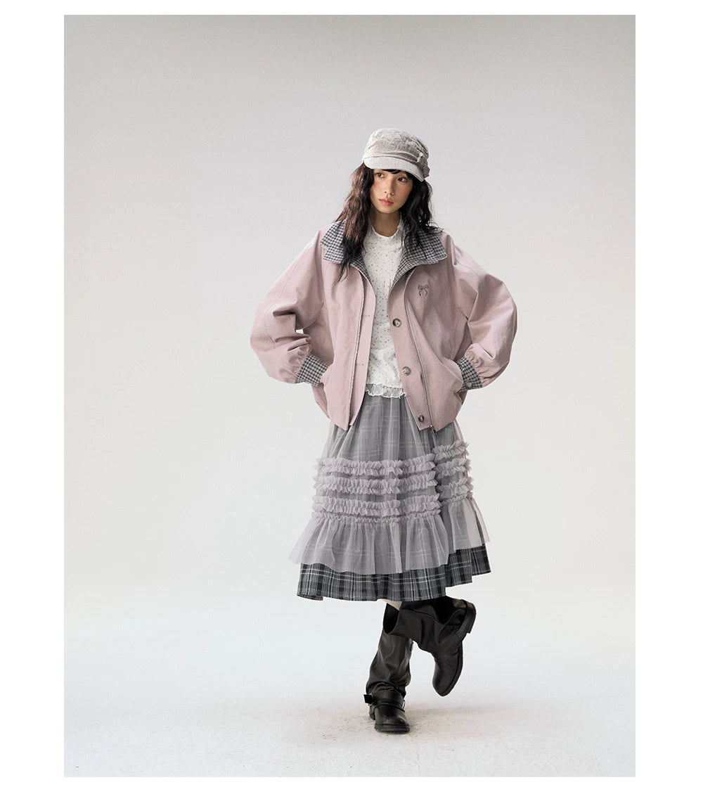 [CAN] "Lavender Plaid Notes" Dusty Purple Plaid Double Collar Cropped Jacket