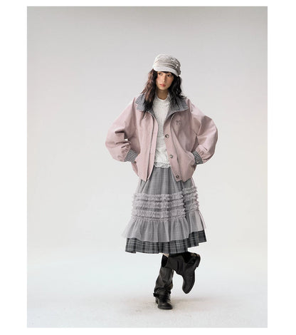 [CAN] "Lavender Plaid Notes" Dusty Purple Plaid Double Collar Cropped Jacket