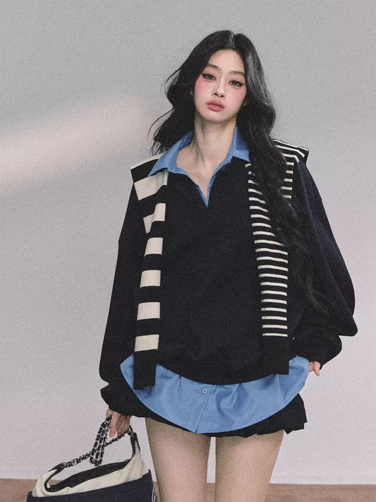 少也眼 Preppy American-Style Layered Look Sweatshirt with Cape