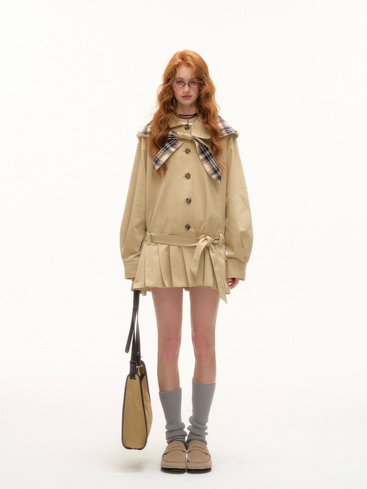 ASGONY - Preppy Bunny Collar Jacket with Removable Plaid Ears (Khaki Brown)