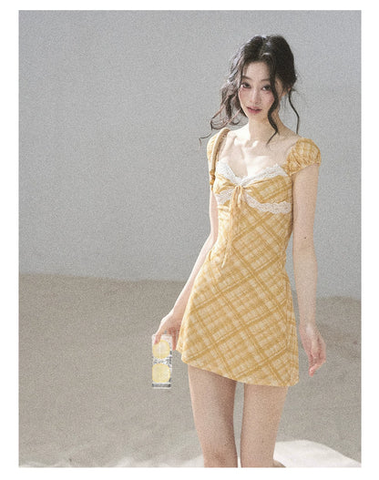 "Golden Wheat Whisper" Goose Yellow Lace Diamond Mini Dress