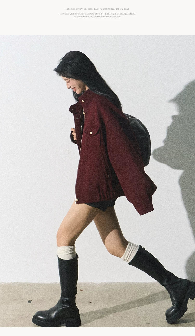 OAKMOO/ "Plum Blossom Mood" Angora Red Wool-Blend Harrington Jacket