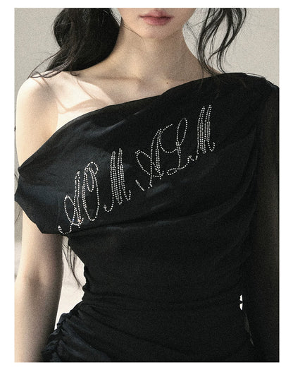 "Scattered Starlight" Midnight Black Off-Shoulder Mesh Waist-Cinched Top
