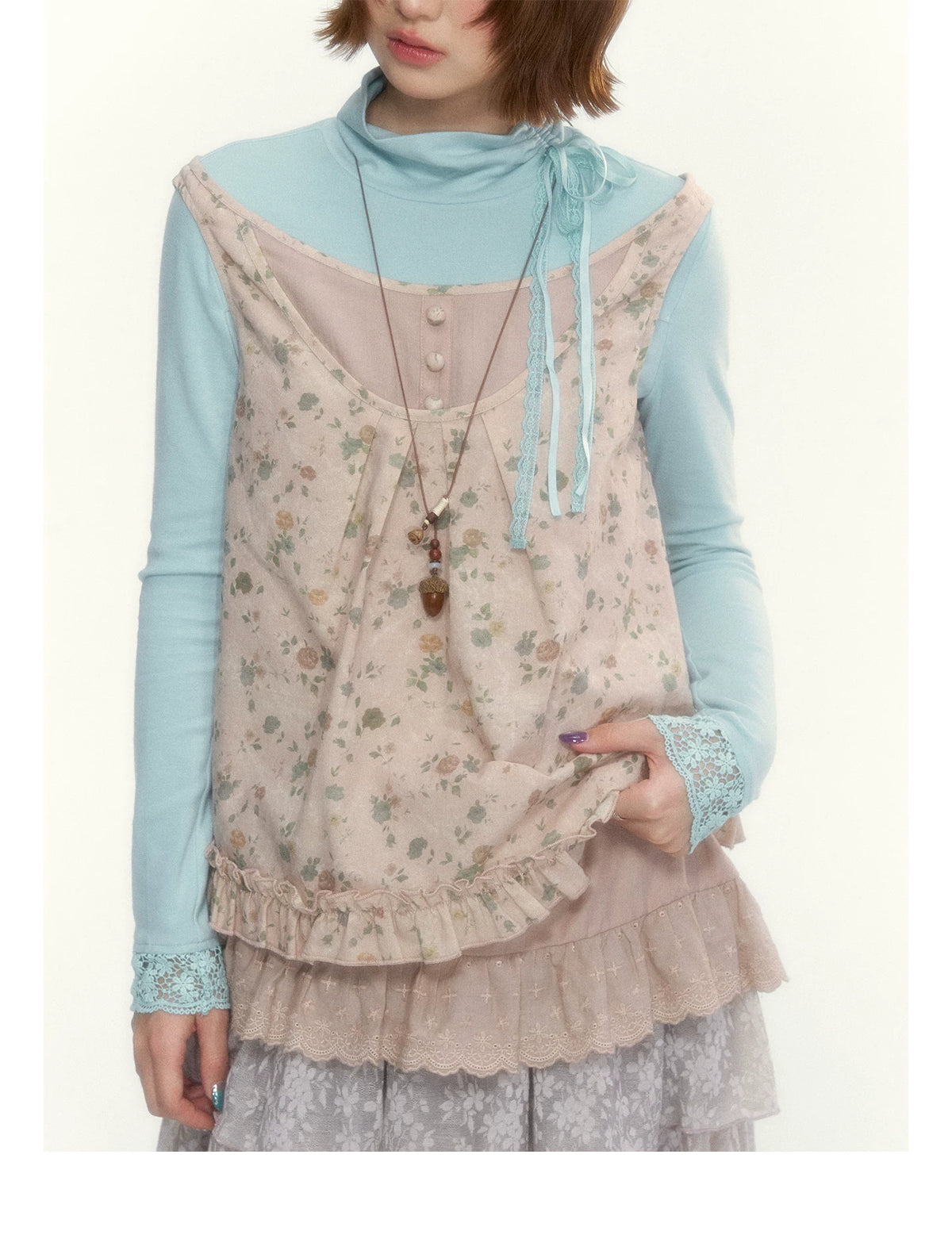 “Mint Milk Pudding” Mint Blue Lace-Trimmed Mock Neck Knit Top