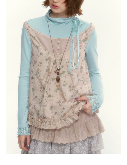 "Petals from a Forgotten Dream" Sweet Apricot Pink Floral Lace Ruffle Off-Shoulder Top