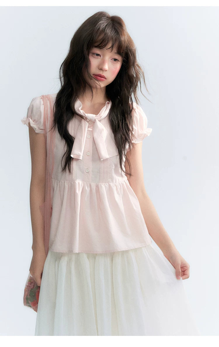 "Rosy Whisper" Dusty Pink Bow Embroidered Puff Sleeve Blouse