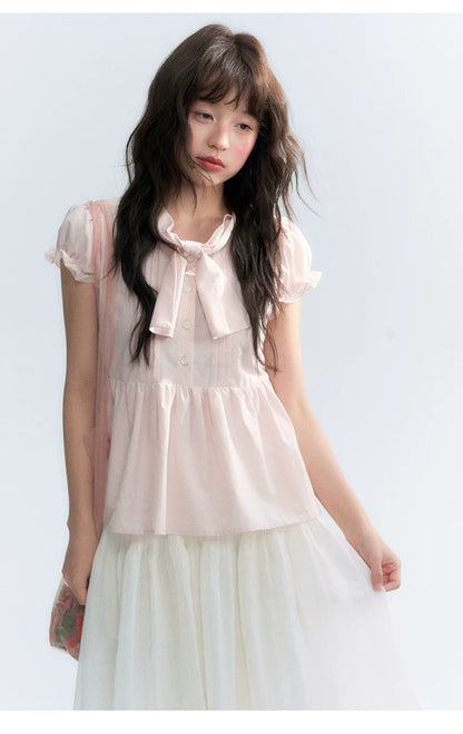 "Rosy Whisper" Dusty Pink Bow Embroidered Puff Sleeve Blouse