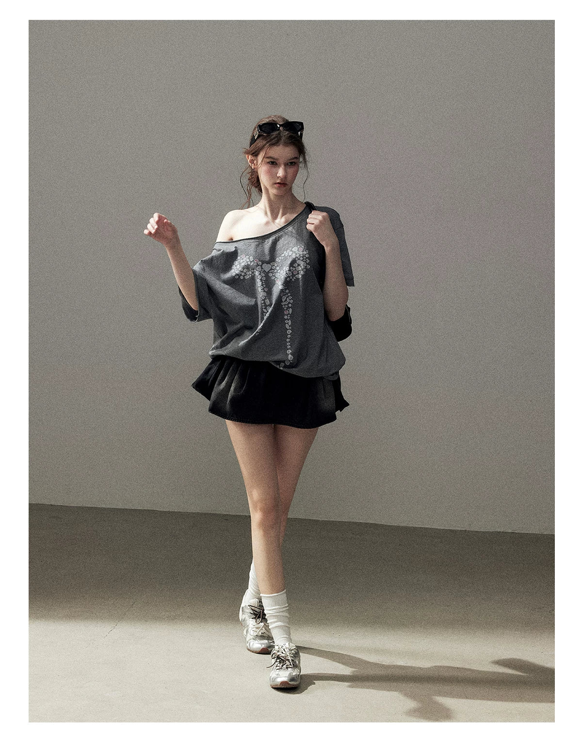 "Muted Shades of Gray" Silver Mouse Gray Off-Shoulder Tee