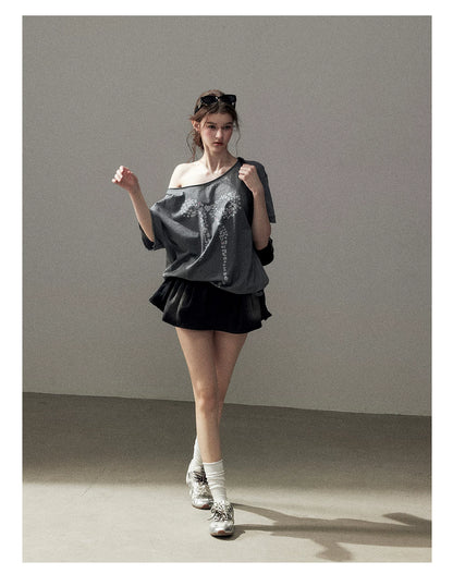 "Muted Shades of Gray" Silver Mouse Gray Off-Shoulder Tee