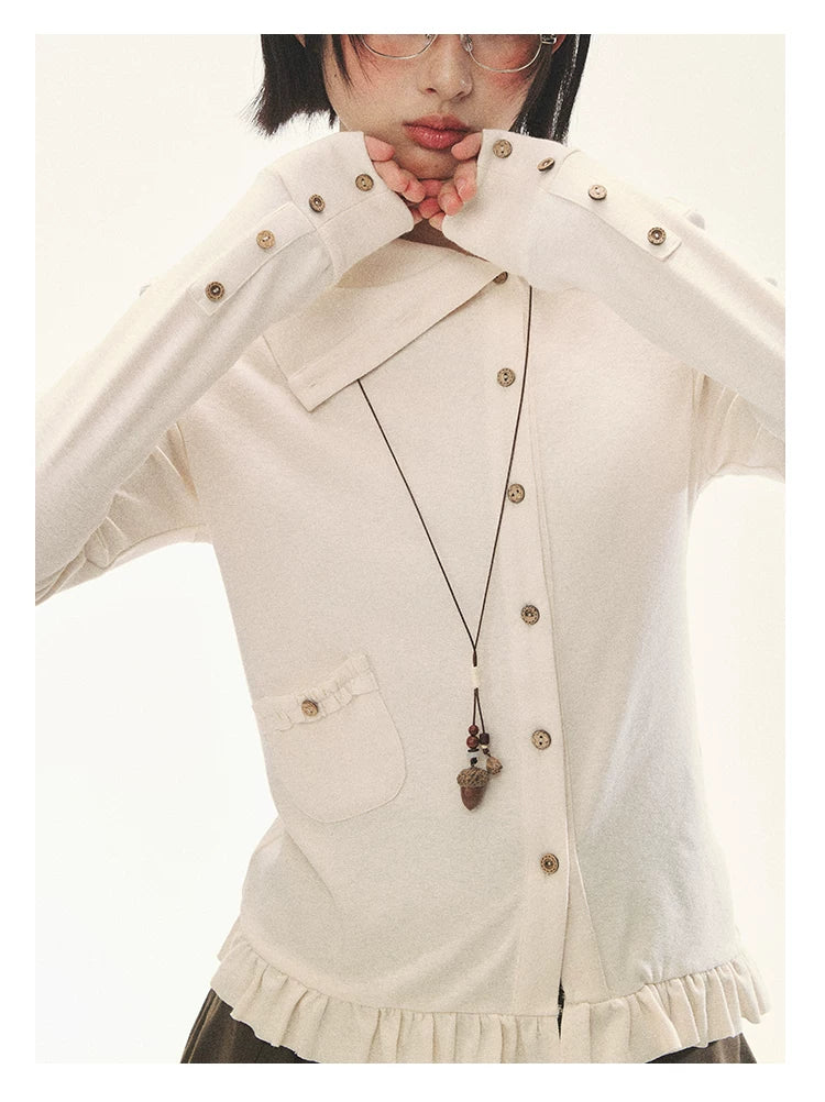 "Cotton Ruffle" Tea Apricot Asymmetric Knit Cardigan