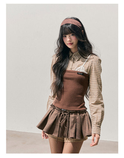 少也眼 "Falling Leaves Trace" Faux Layered Lace Plaid Knit Top
