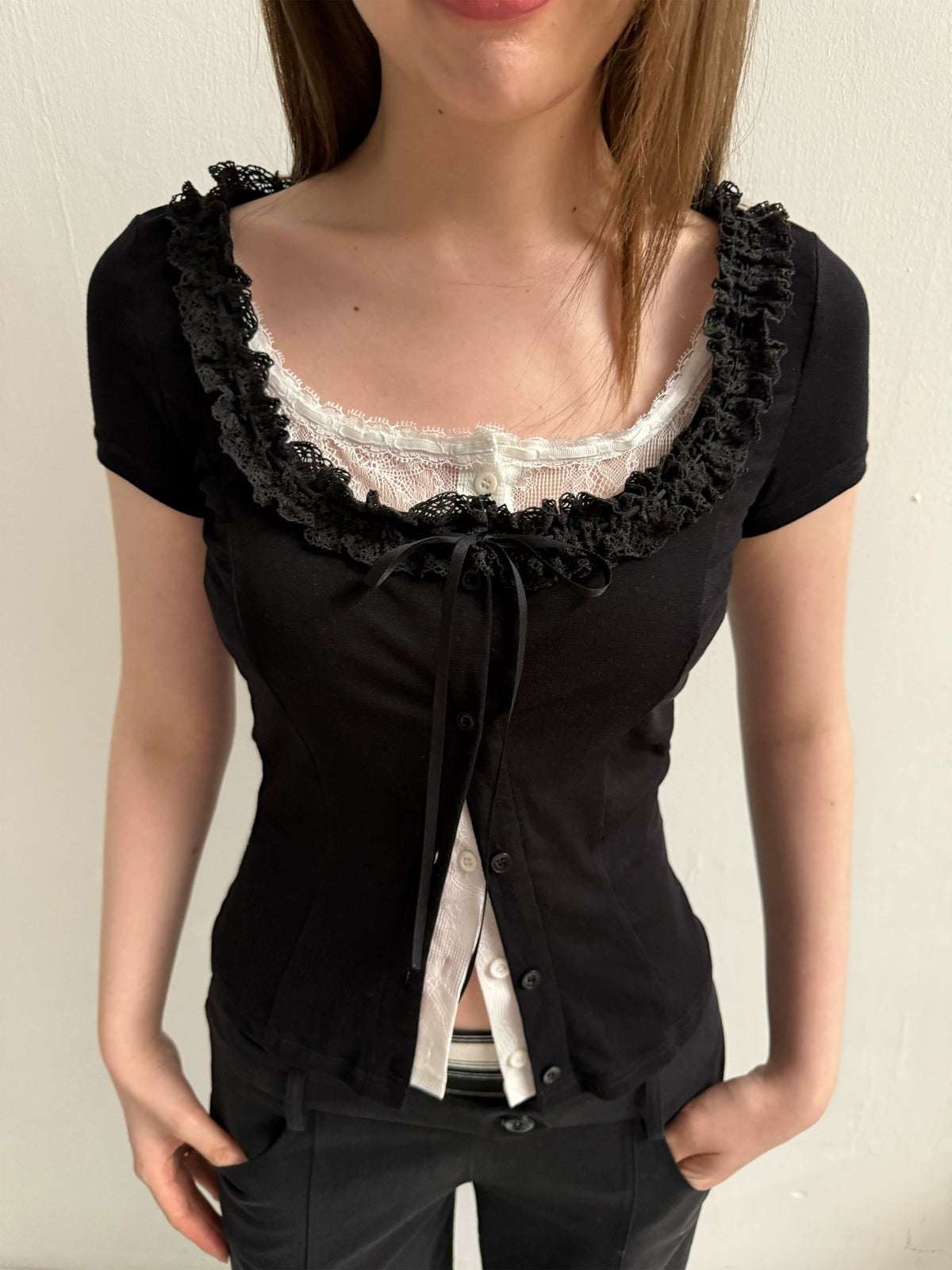 LOST FOREST - Faux-Layered Lace Short-Sleeve Top (Gray White / Black White)