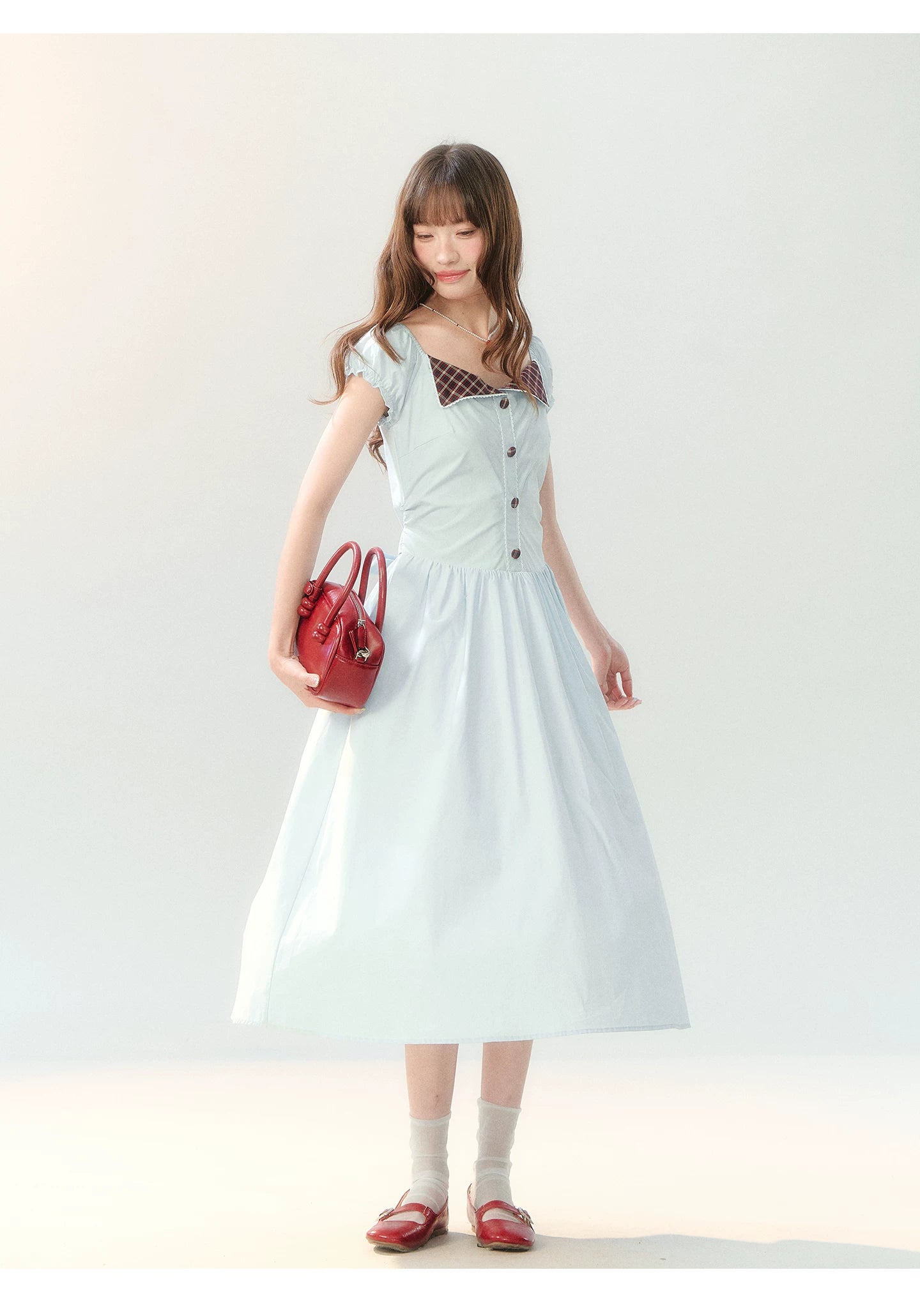 "Sakura Breeze Journal" Sea Blue Plaid Collar Dress LL2026226