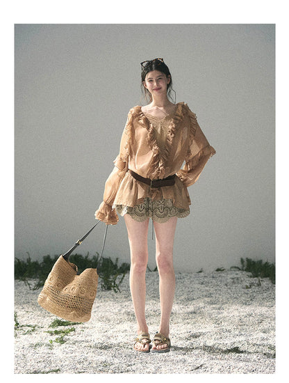 “Whispers of the Wind” Ash Caramel Lace Chiffon Blouse (With Belt)