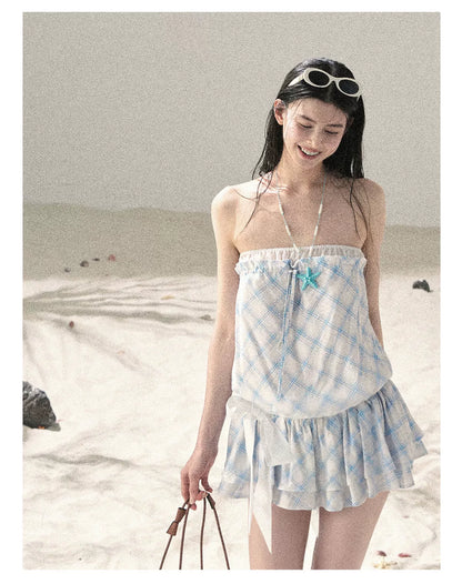 "Breeze Upon the Waves" Ice Crystal Blue Off-Shoulder Diamond Quilted Mini Dress
