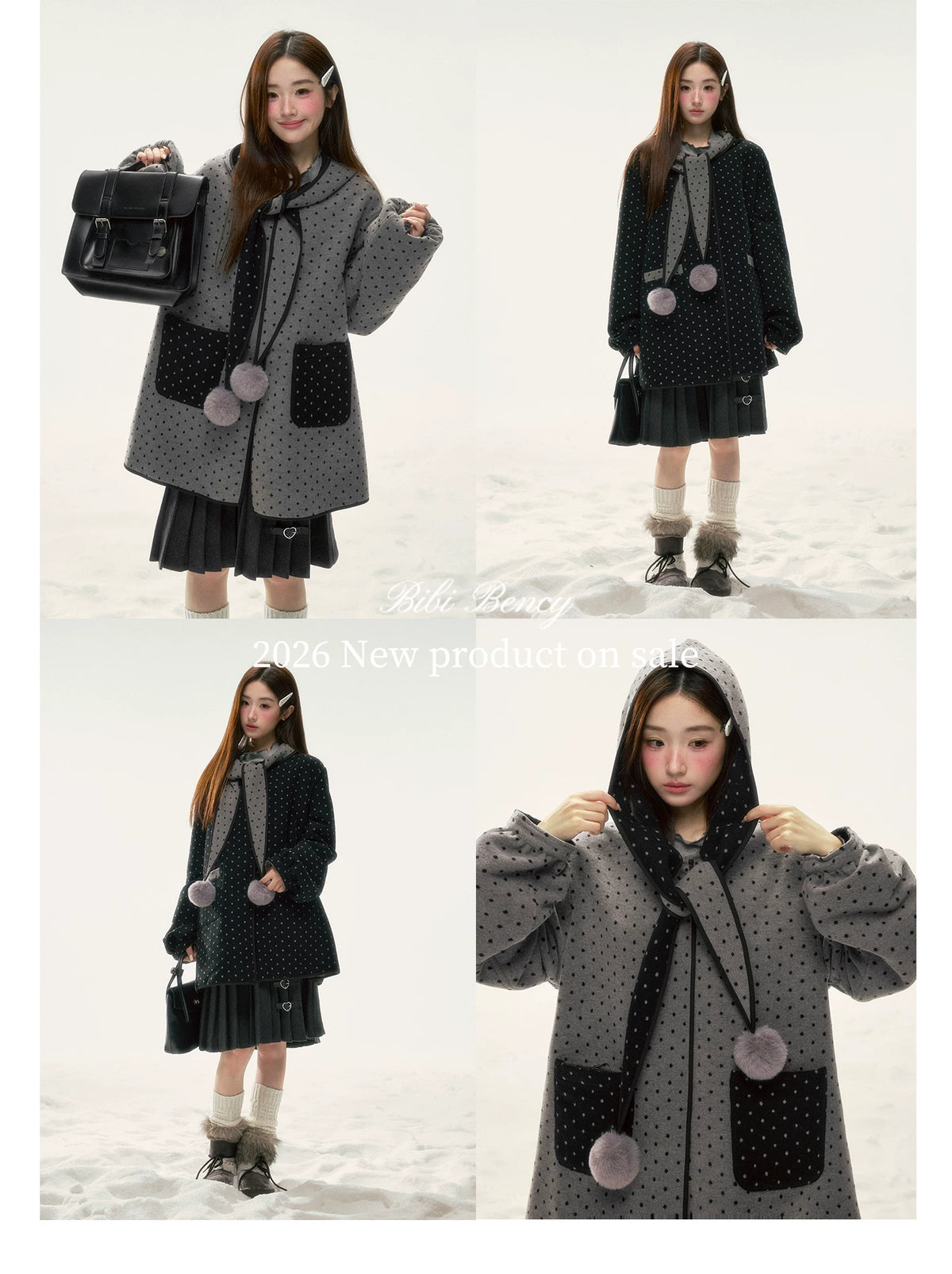 BIBIBENCY - Gray & Black Reversible Polka Dot Wool-Look Coat