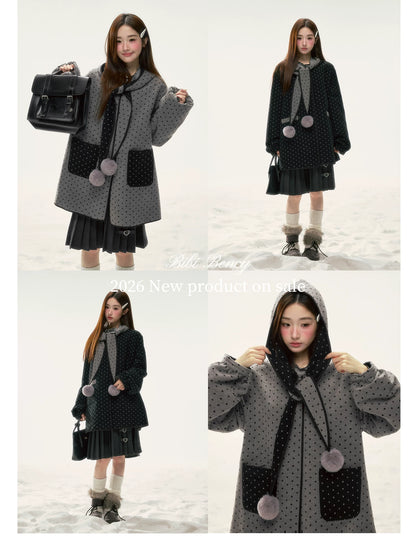 BIBIBENCY - Gray & Black Reversible Polka Dot Wool-Look Coat