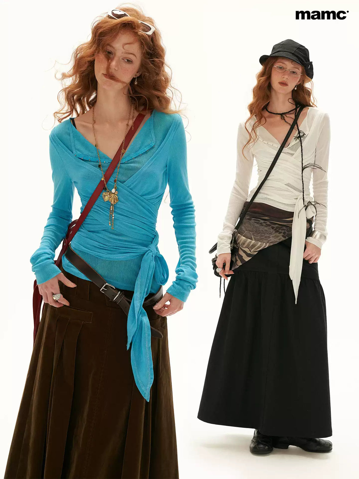 MAMC - Cloud Knit Wrap Top with Crossover Ties and Metal Claw Detail (Blue / White)