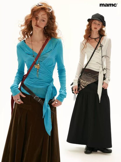 MAMC - Cloud Knit Wrap Top with Crossover Ties and Metal Claw Detail (Blue / White)