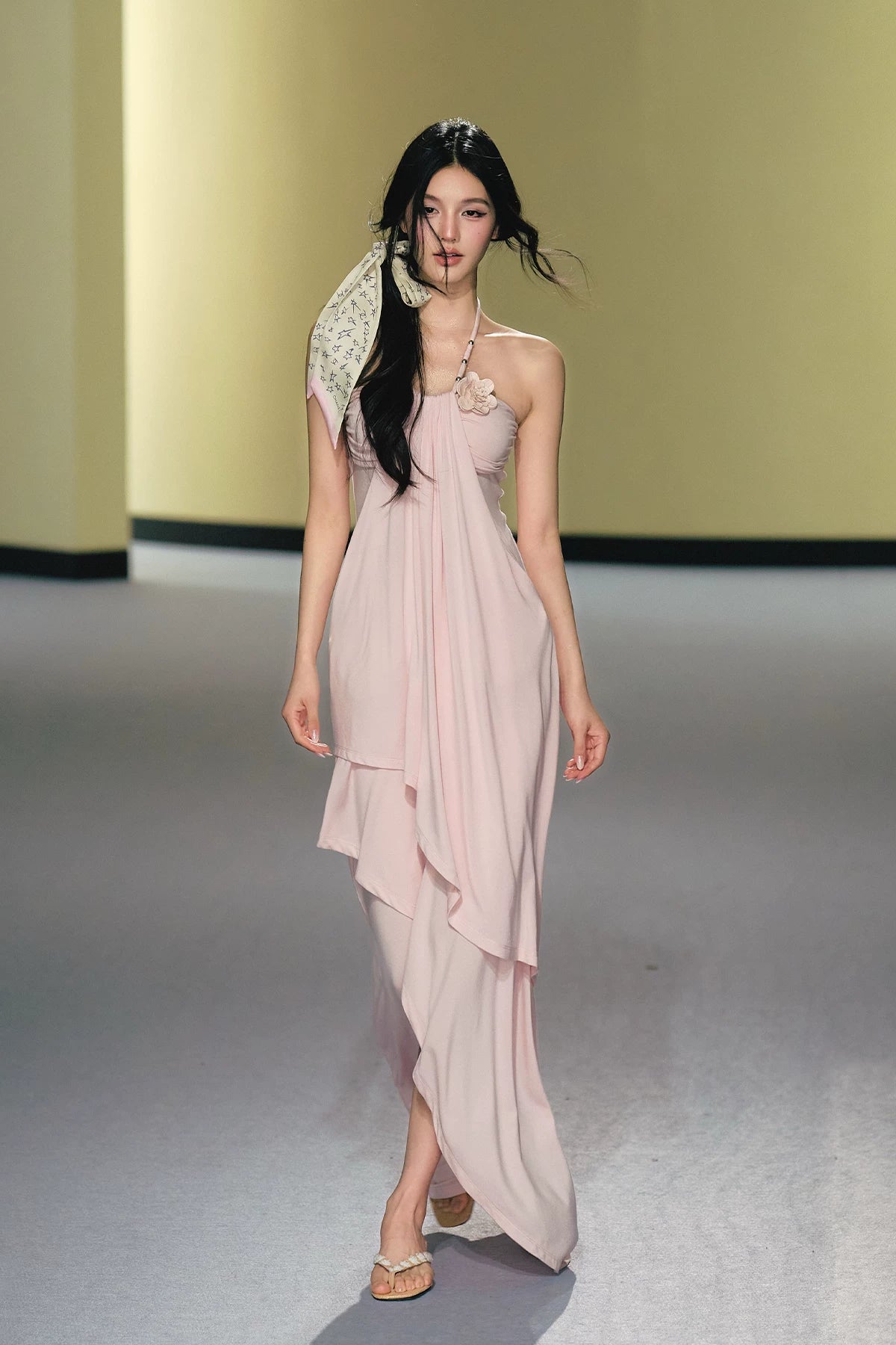 "Moonlit Reverie" Halter Layered Maxi Dress (Black/ Blush Pink)