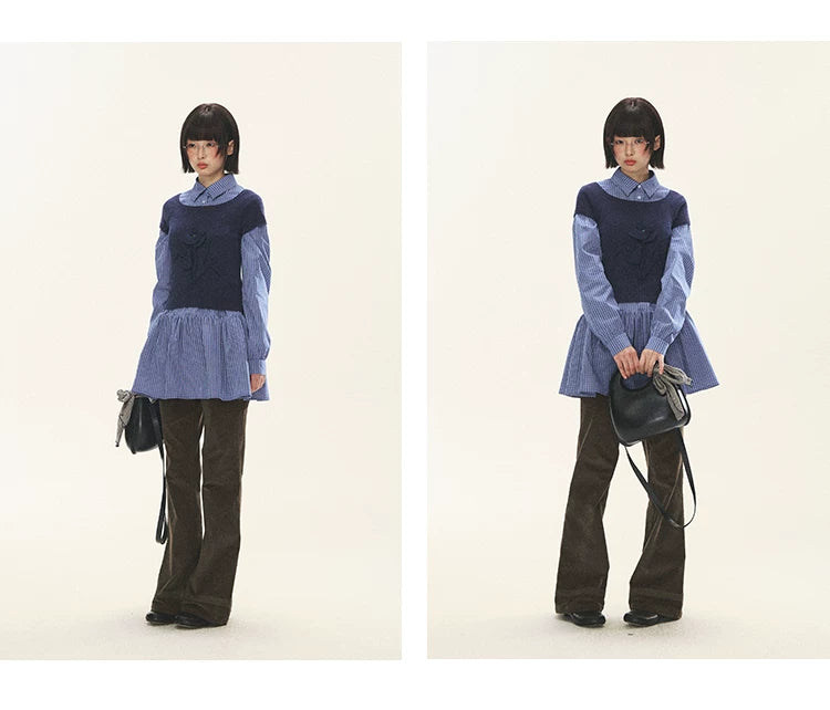 "Holiday Blues" Blue Plaid Bow Shirt Mini Dress