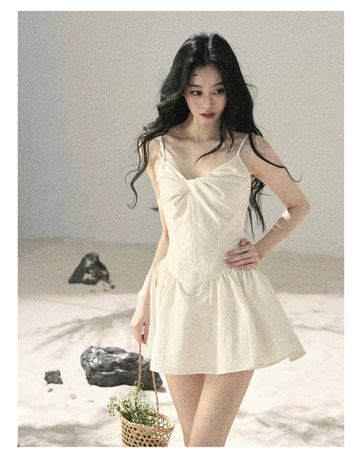 "Veiled in Mist" Cream Apricot Puff Mini Dress & Chiffon Shawl Set 5348