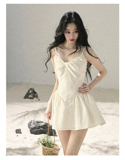 "Veiled in Mist" Cream Apricot Puff Mini Dress & Chiffon Shawl Set 5348