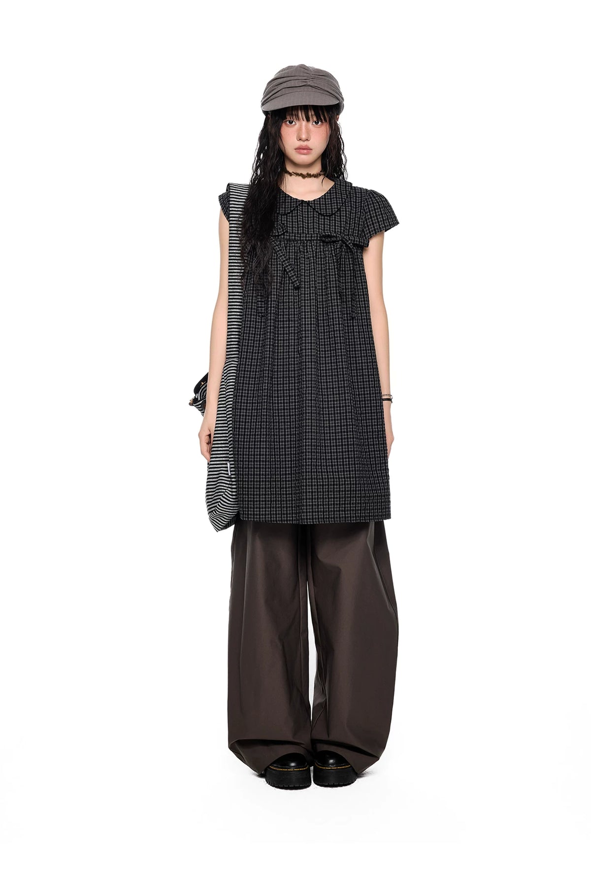 EZEK | Peter Pan Collar Gingham Shirt with Bubble Sleeves