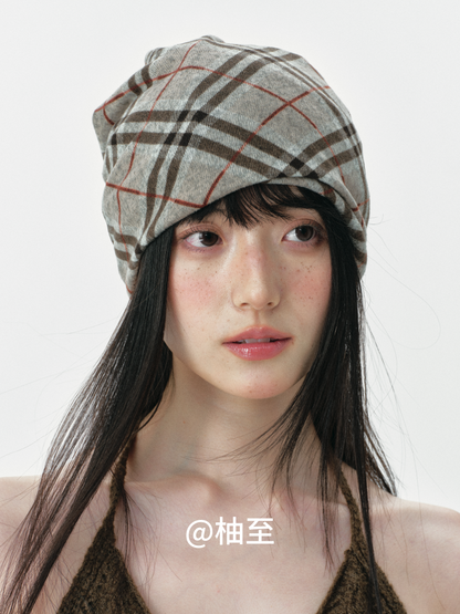 Vintage Plaid Hooded Scarf Hat – 2-in-1 Slouchy Ear-Warmer Cap