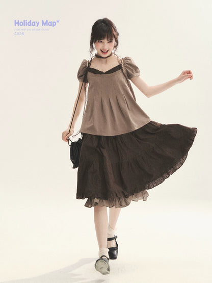 "Faded Bloom" Deep Brown Red Lace Trim Tiered A-Line Skirt