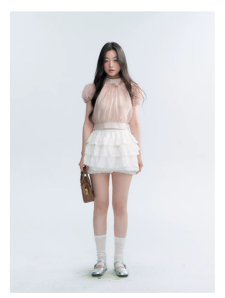 Vintage Stand Collar Bow Puff Sleeve Waist-Cinching Blouse with Knit Cami Set
