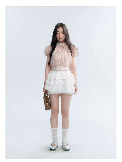 Vintage Stand Collar Bow Puff Sleeve Waist-Cinching Blouse with Knit Cami Set