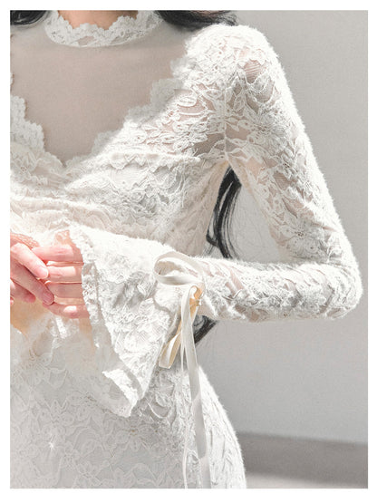 少也眼 “The Moment of the Full Moon" French Lace Winter Dress - White 845613