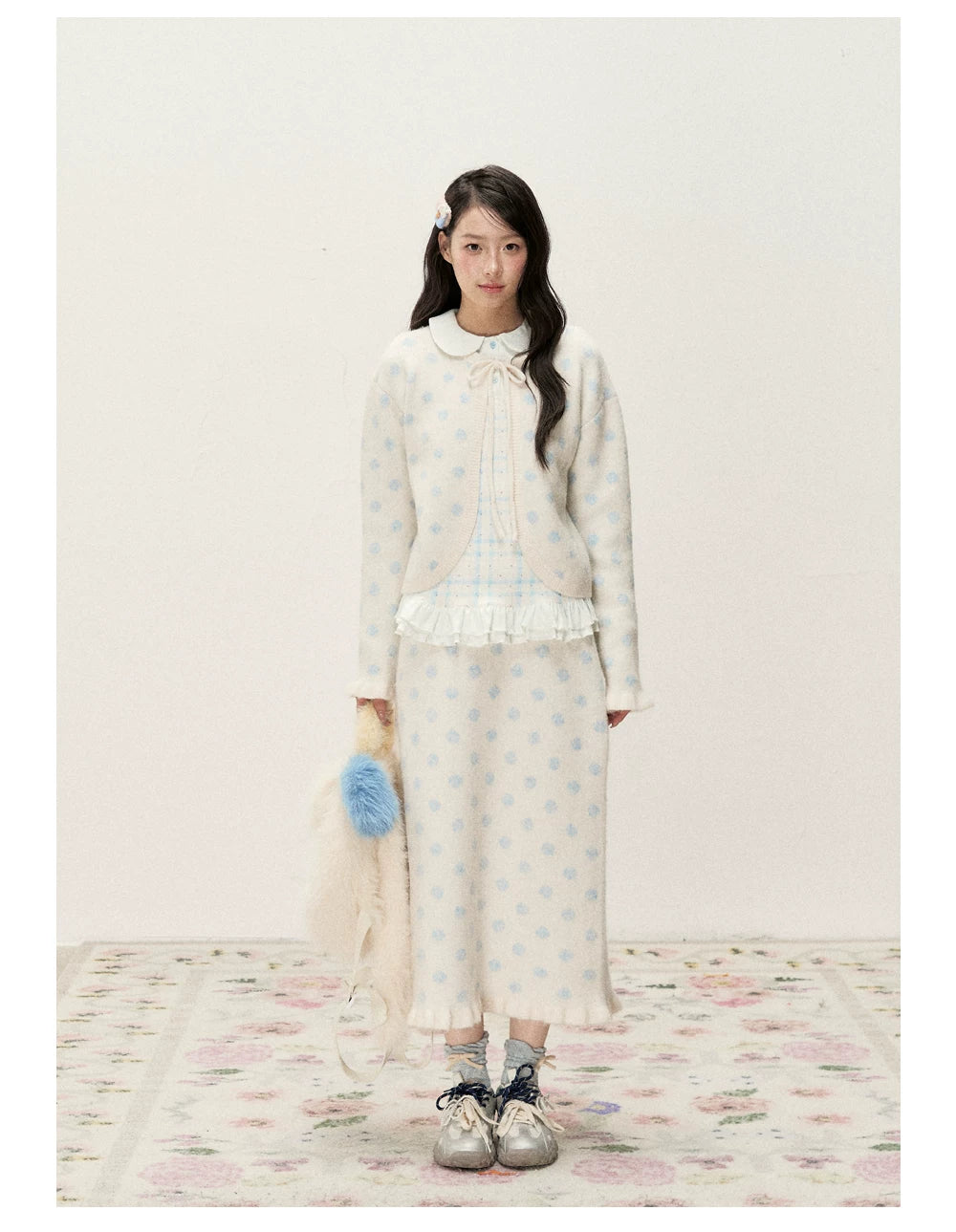 [RF] Ice Blue Polka Dot Knit Cardigan & Midi Skirt Set