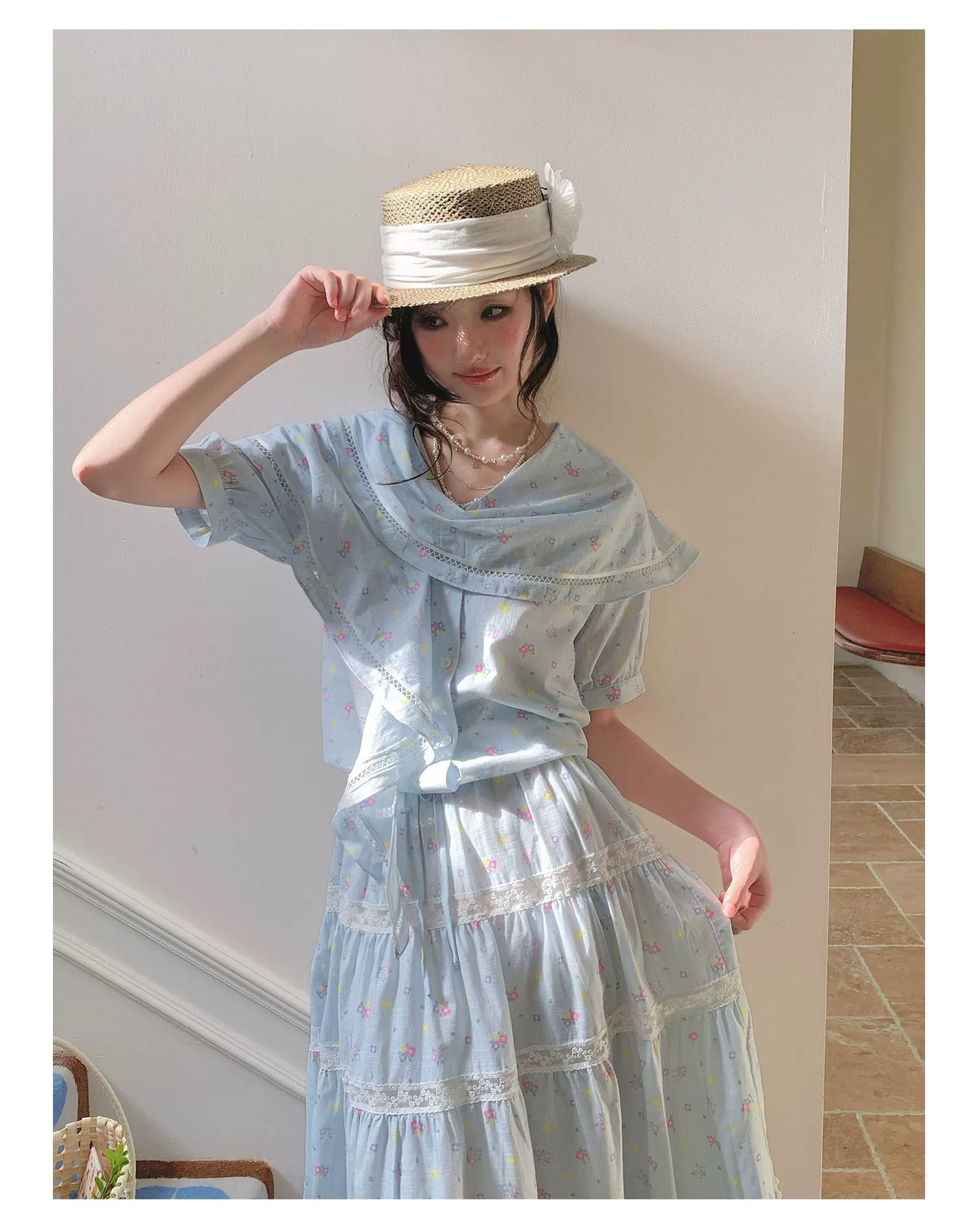 “Blue Blossom Chronicle” Ice Blue Floral Skirt Set