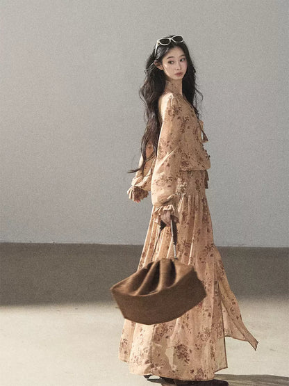 AOMALM - Oatmeal Rose-Print Chiffon Layered Maxi Dress Set