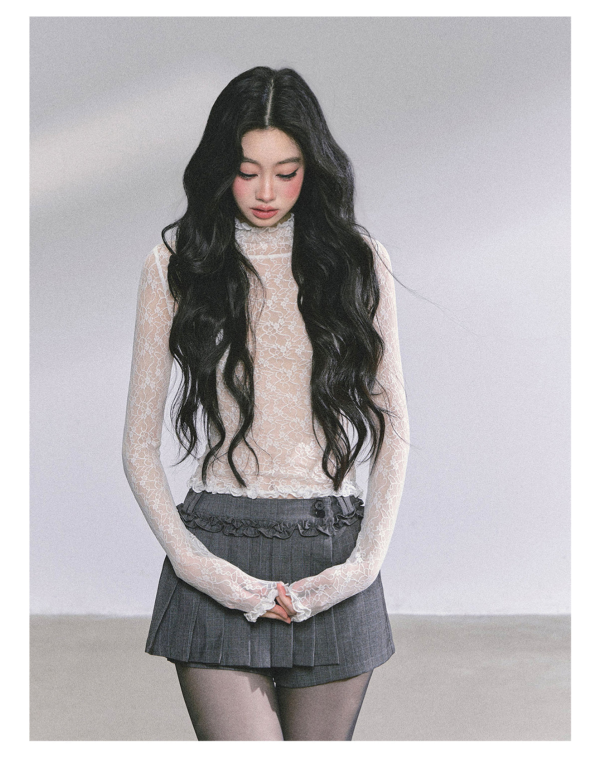 少也眼 “Desire Ballet” Sheer Lace High-Neck Long-Sleeve Top