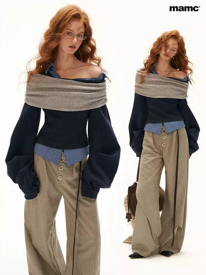 MAMC - Deconstructed Gingham Sweatshirt with Off-Shoulder Ruched Detail
