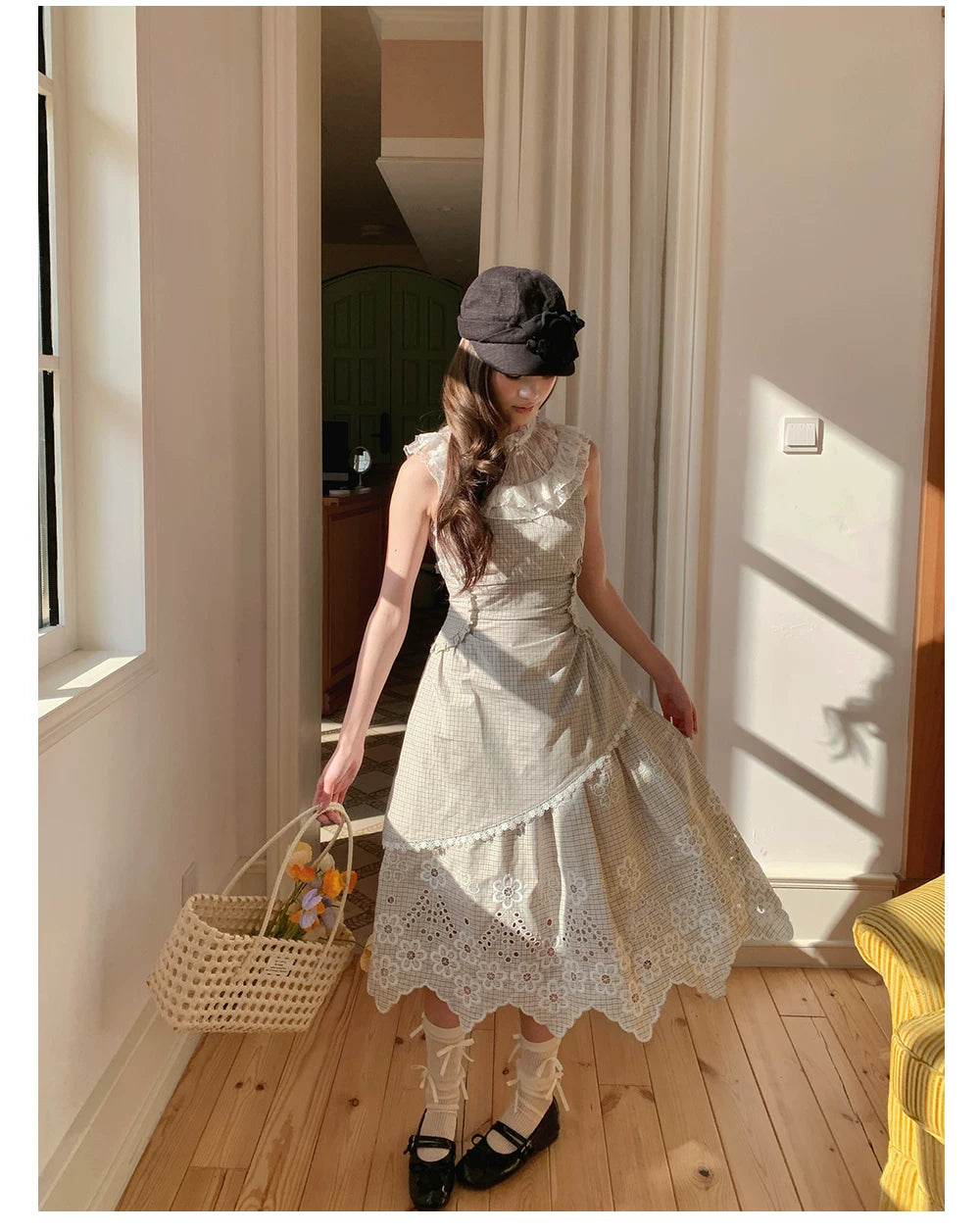 “Tea Garden Reverie” Light Apricot Plaid Embroidered Dress