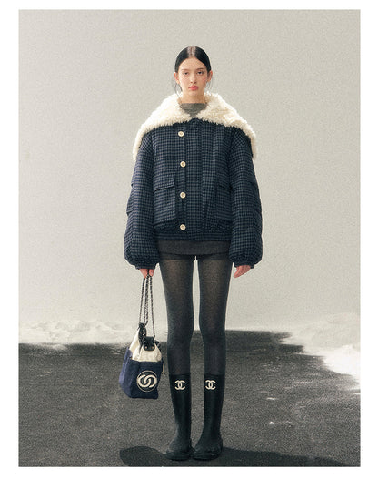 少也眼 “Silent Indigo” Academy Blue Quilted Wool-Collar Jacket