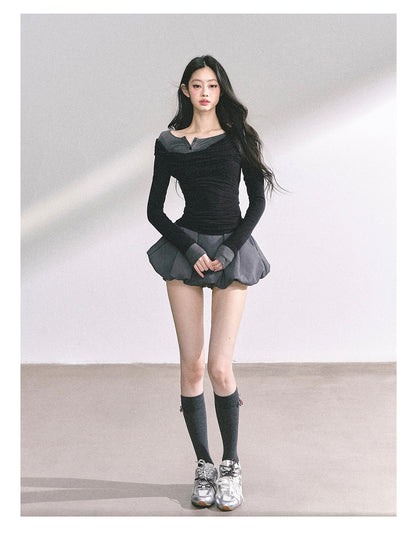 少也眼 "Seoul Toccata" Layered Off-Shoulder Long Sleeve Tee - Black-Gray 2536486