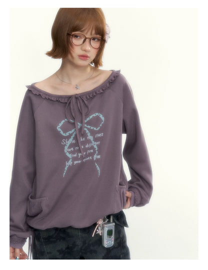 Deep Purple Bow-Tie Lettuce-Trim Off-Shoulder Sweatshirt