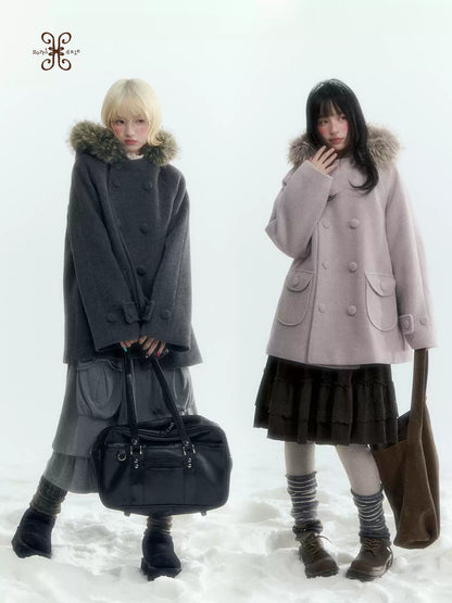 Japanese Hooded Double-Breasted Wool Coat (Deep Charcoal Gray / Taro Purple)