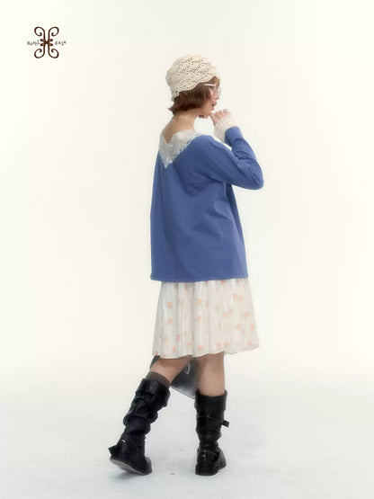Classic Blue Lace V-Neck Long-Sleeve Top