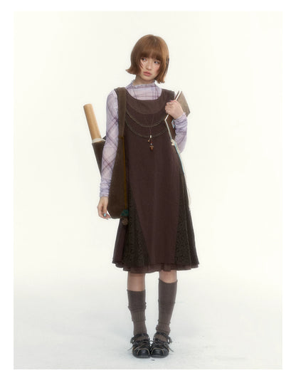 "Caramel Afterglow" Cocoa Brown Lace-Trim A-Line Dress Set with Purple Plaid Layering Top