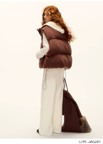 ASGONY - Reversible Plaid Lace-Trim Quilted Vest (Brown / Gray)