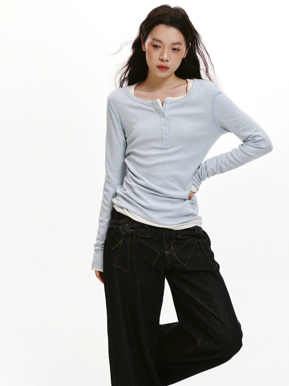 “Bow Pocket Wash” Wide-Leg Loose Denim Jeans - Denim ML6661