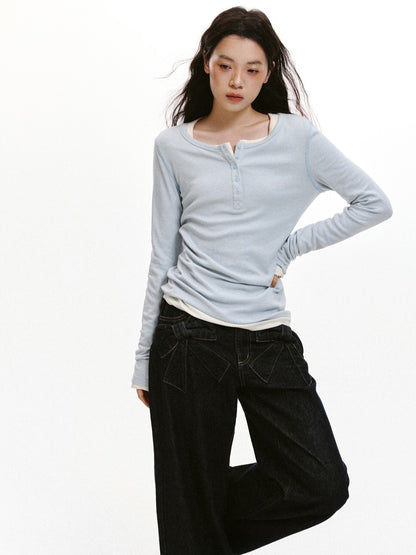 “Bow Pocket Wash” Wide-Leg Loose Denim Jeans - Denim ML6661