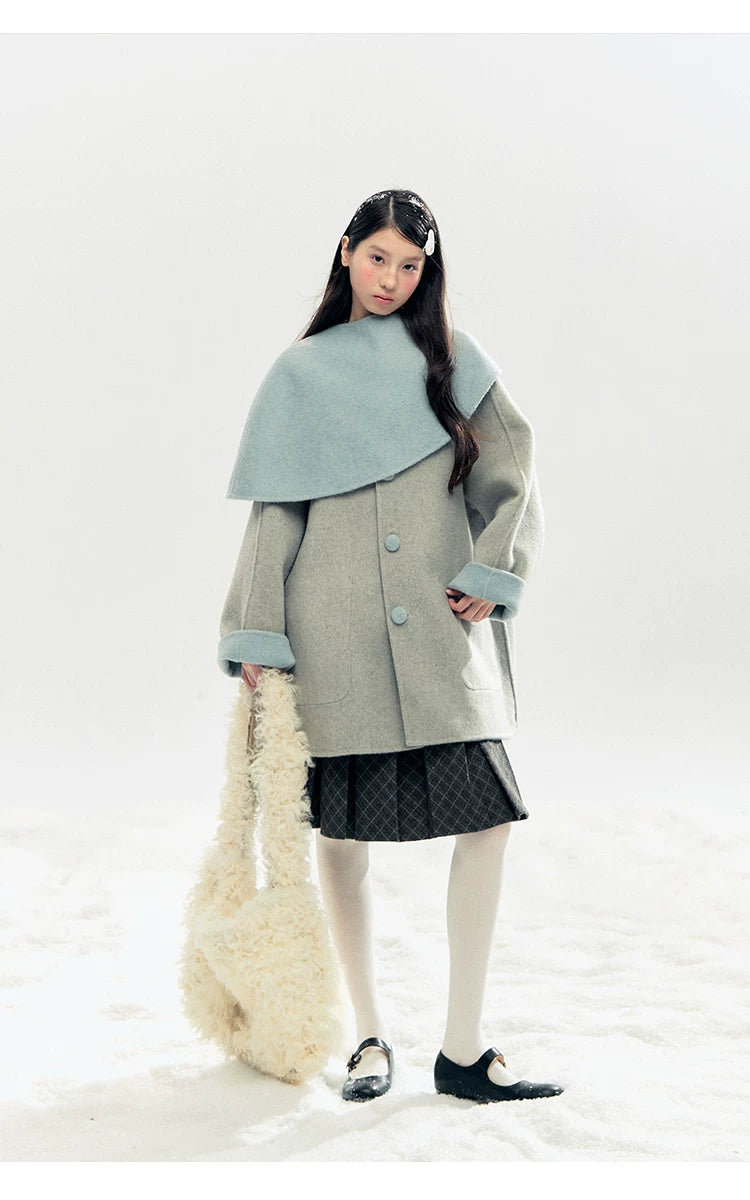 "Double Winter Embrace" Blue & Gray Reversible Wool-Blend Cape Coat
