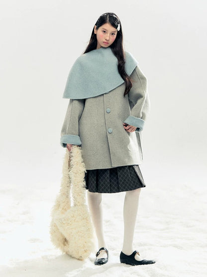 "Double Winter Embrace" Blue & Gray Reversible Wool-Blend Cape Coat
